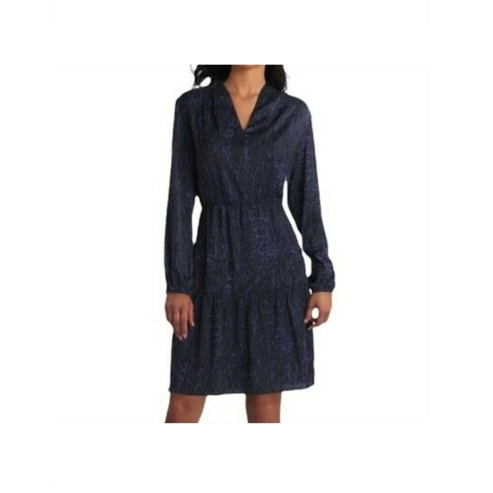 Gigi Parker Womens Large Navy Black Printed VNeck Long Sleeve Dress NWT U50